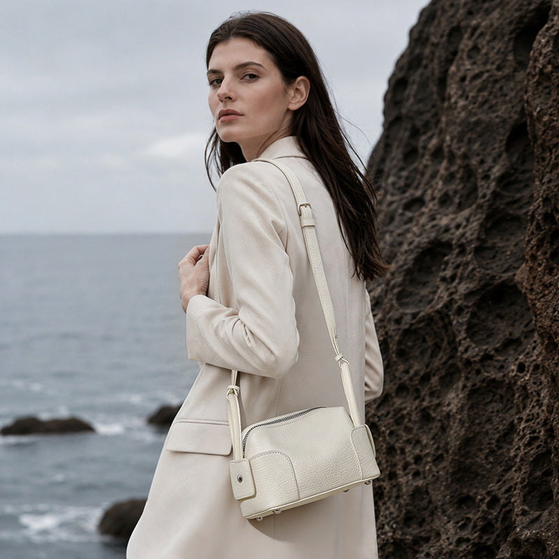 Women's Pebbled Cowhide Mini Boston Bag with Adjustable Strap
