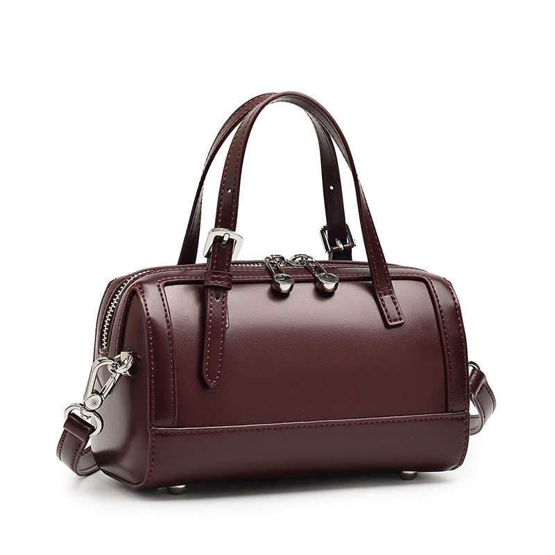 Women's Cowhide Retro Boston Barrel Bag with Adjustable Strap