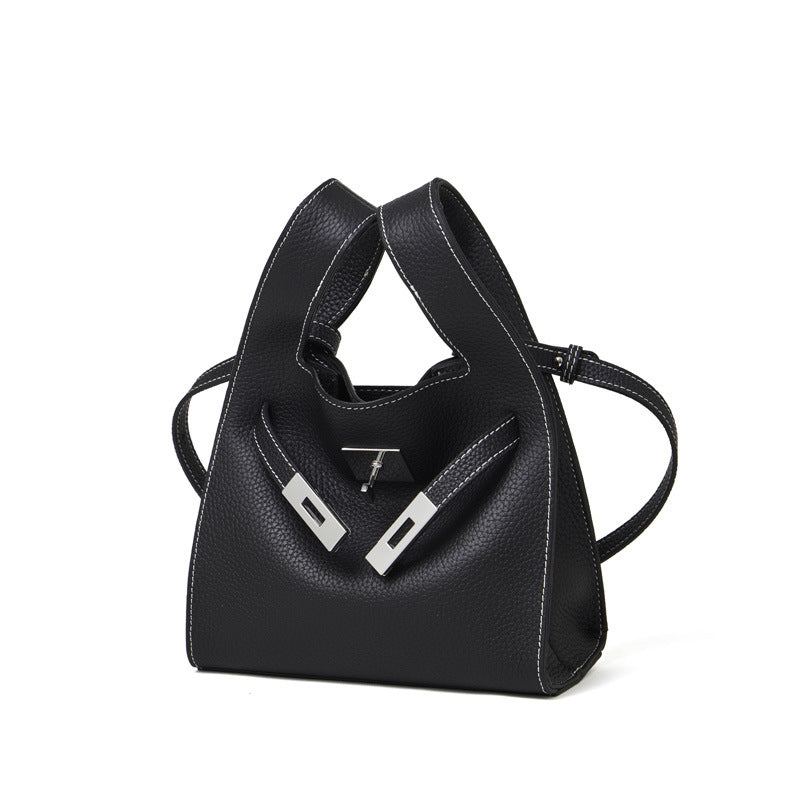 Women's Pebbled Cowhide Twist-Lock Bucket Bag with Inner Pouch