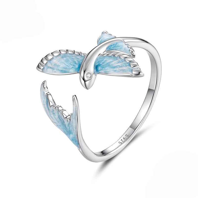 Skyfin S925 Silver Blue Enamel Flying Fish Open Ring