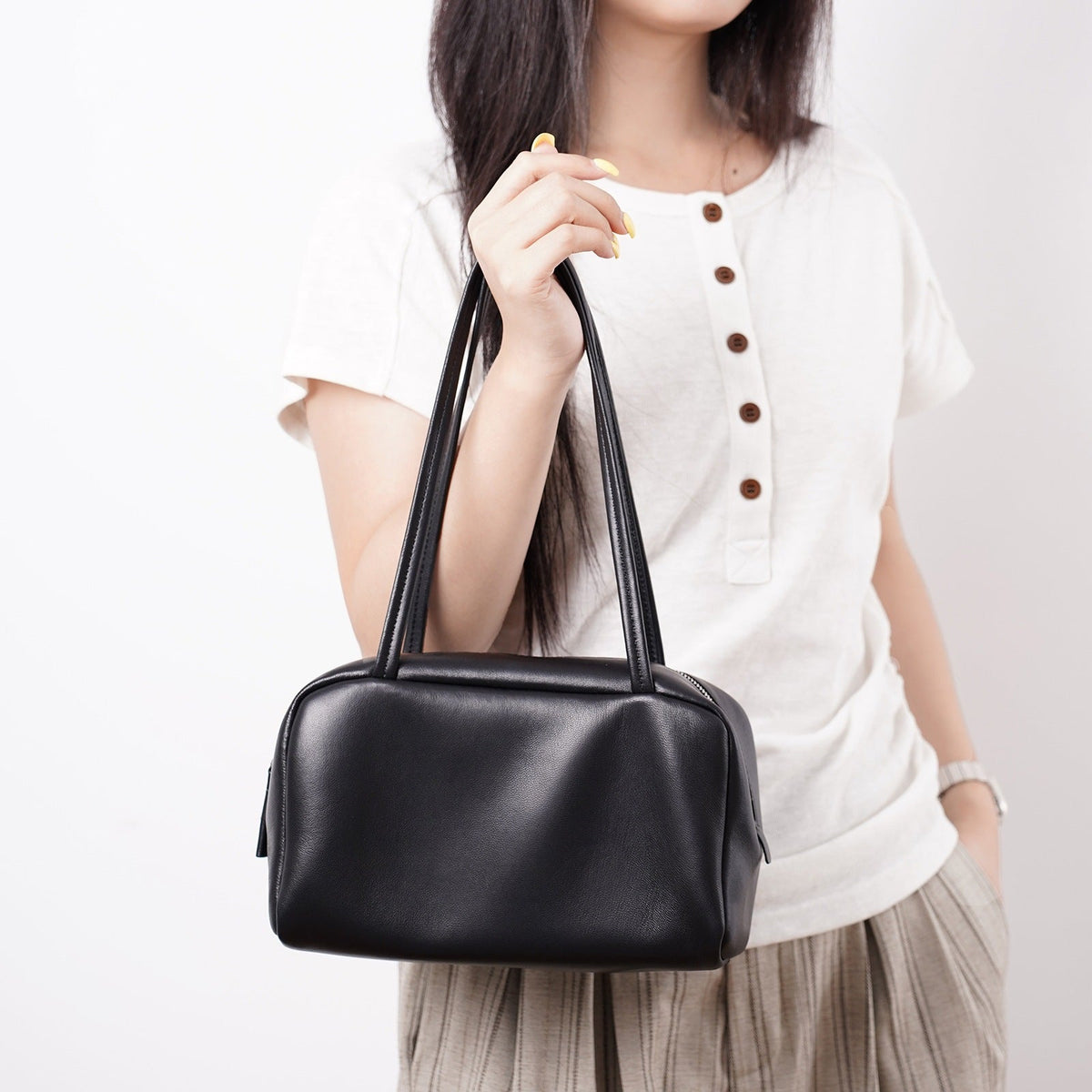 Women's Genuine Sheepskin Bowling Bag with Double Zipper