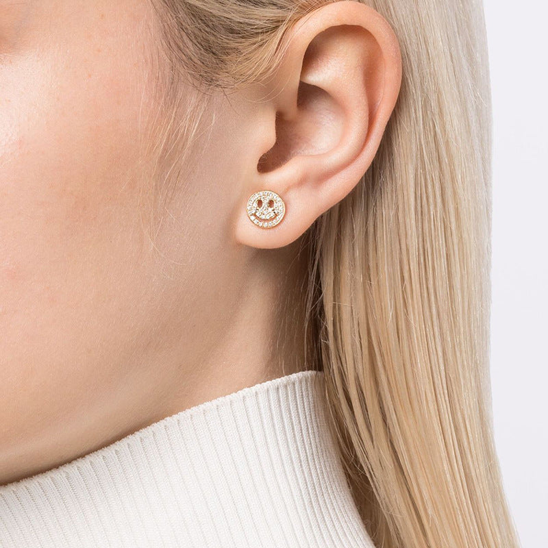 “Happy Spark” S925 Sterling Silver Zircon Pavé Smile Face Stud Earrings