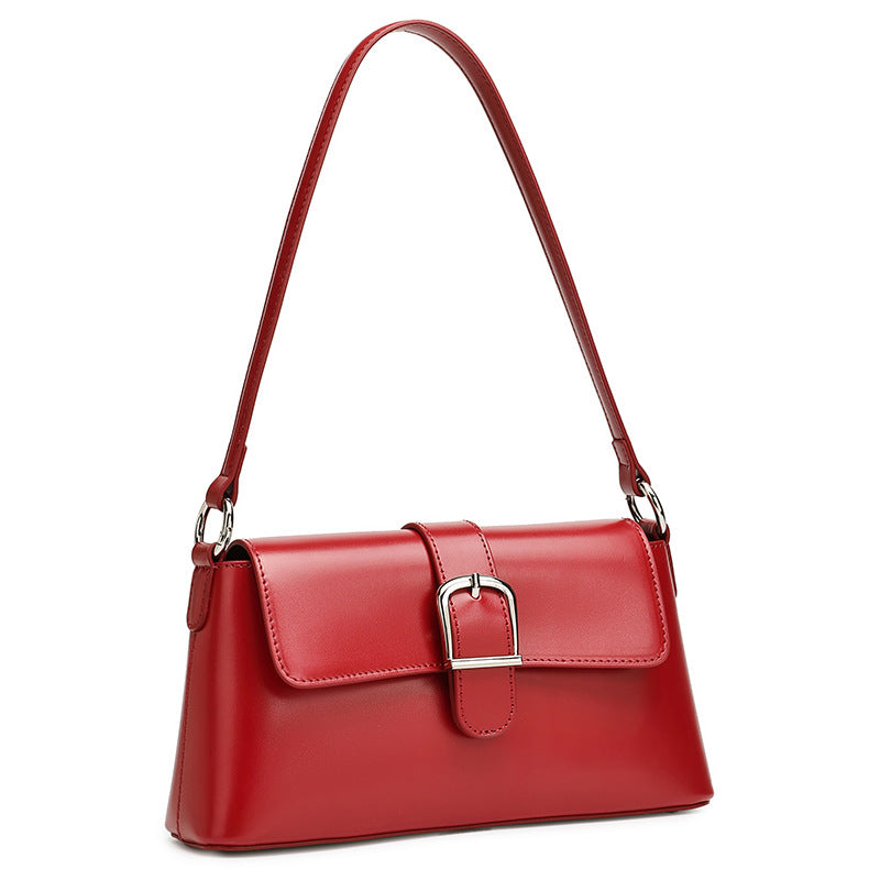 Women's Genuine Leather Vintage Baguette Shoulder Bag with Buckle