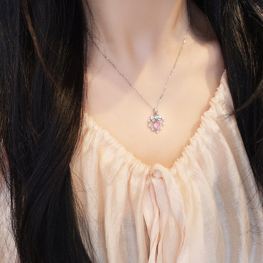 Velour Knot S925 Sterling Silver Pink Heart Bow Pendant Necklace