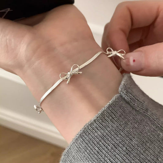 S925 Sterling Silver Three Bow Snake Chain Bracelet Adjustable