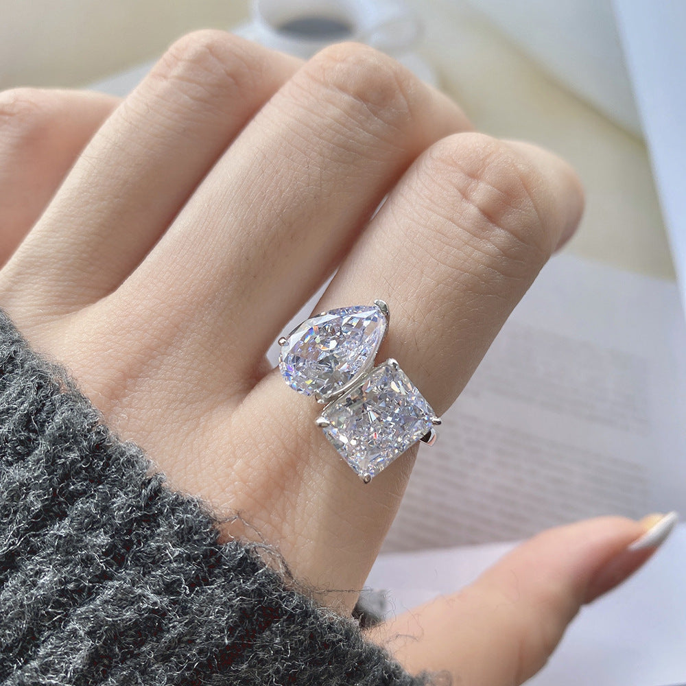S925 Sterling Silver Radiant Duo Ring 8A Zircon Square Teardrop Design