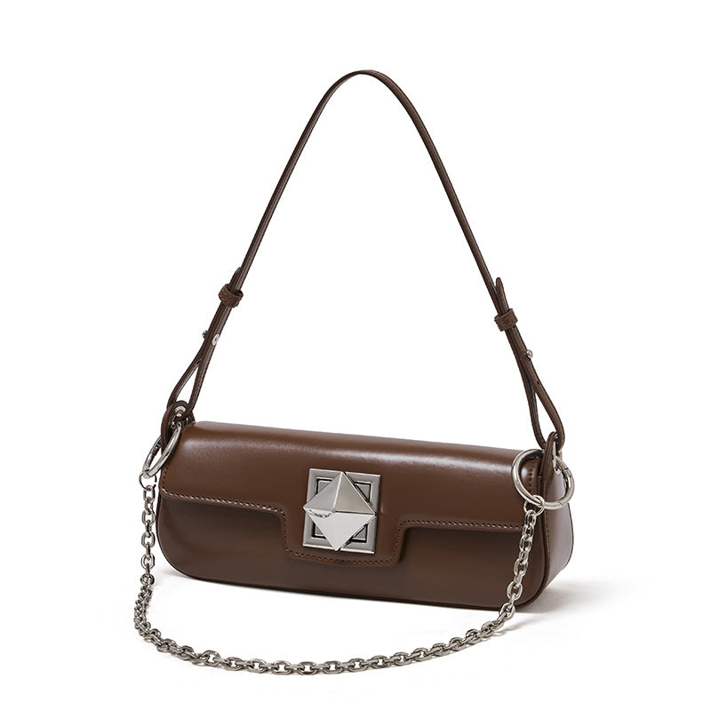 Women's Smooth Cowhide Silver-Buckle Baguette Shoulder Bag