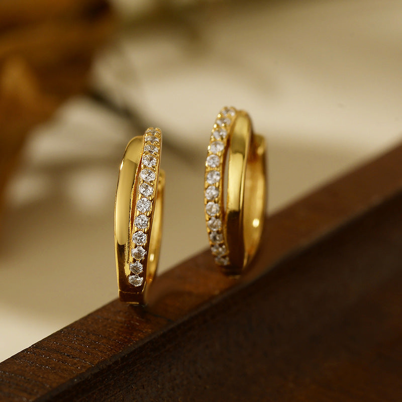 “Linework Spark” S925 Sterling Silver Pavé Geometric Huggie Hoop Earrings