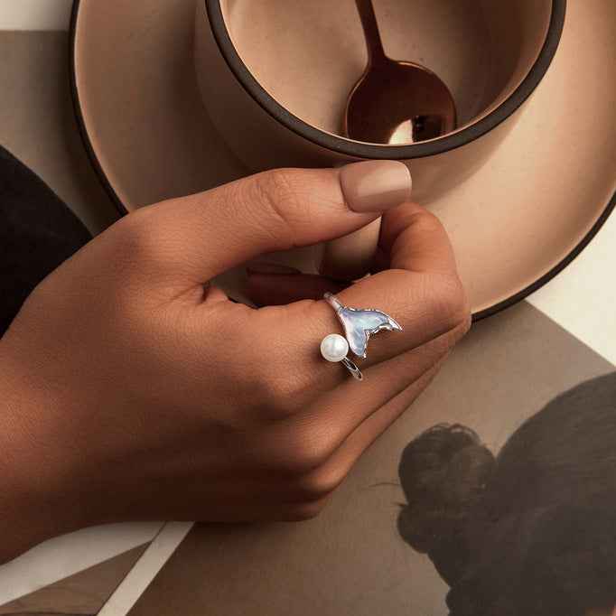 925 Sterling Silver Mermaid Tail Pearl Adjustable Open Ring