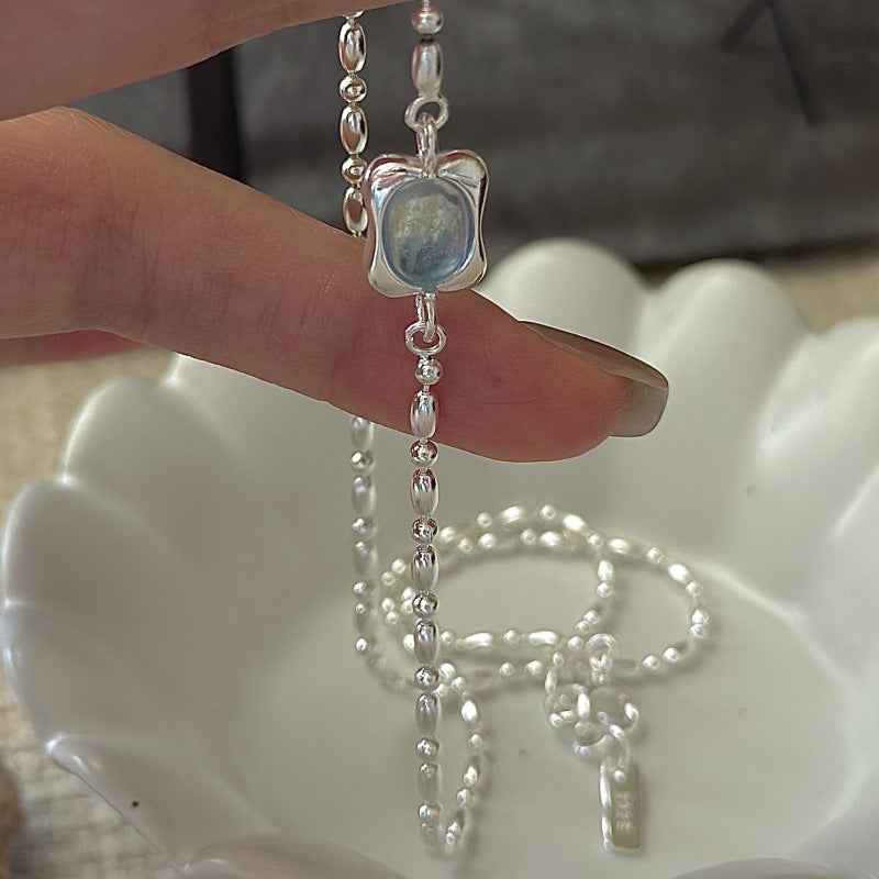 925 Sterling Silver Ocean Pillow Aquamarine Blue Jewelry Set Necklace Bracelet Earrings