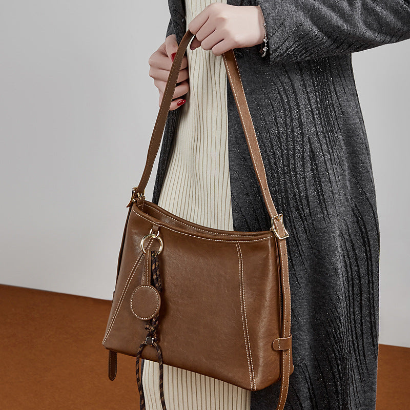 Women's Full-Grain Cowhide Contrast Stitch Hobo Bag
