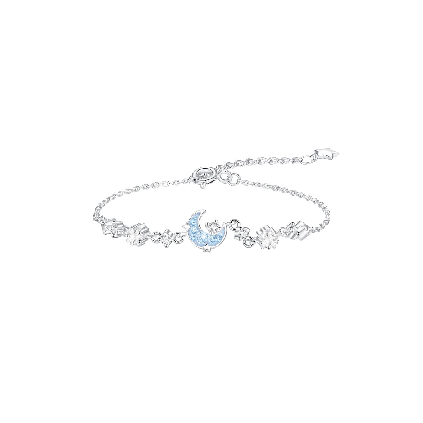 Moonlit Aurora S925 Sterling Silver Crescent Moon & Blue Zircon Tassel Necklace Bracelet Set