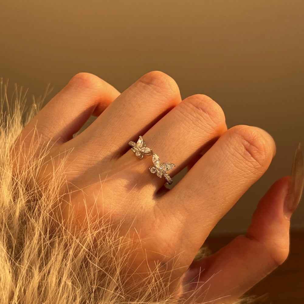 925 Sterling Silver Butterfly Zircon Open Ring – Crystal Papillon Style