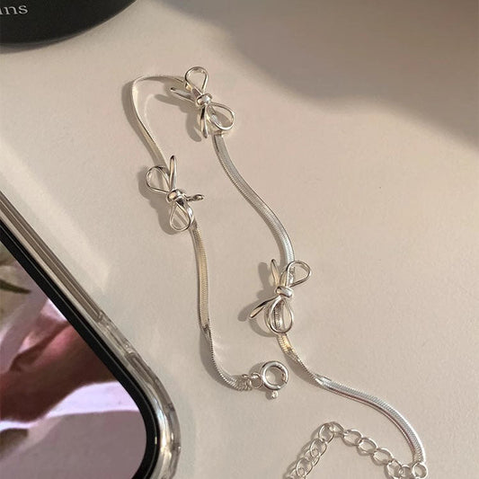 S925 Sterling Silver Three Bow Snake Chain Bracelet Adjustable