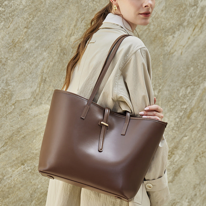 Women's Cowhide Tote Bag Set with Convertible Inner Pouch