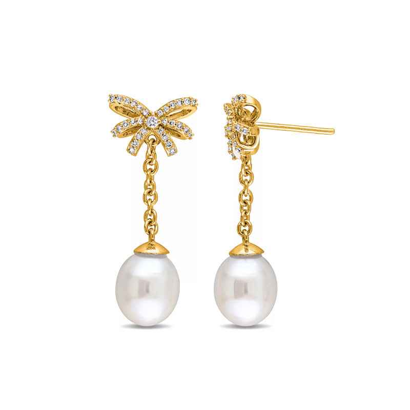 925 Sterling Silver Ribbon Pearl Bow Pavé Zircon Drop Earrings Gold White Gold