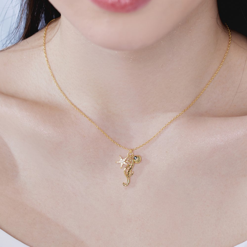Ocean Talisman S925 Silver Starfish Seahorse Shell Charm Necklace