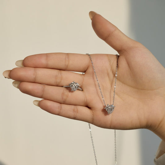 “Amore Gleam” S925 Sterling Silver Heart Necklace and Ring Set