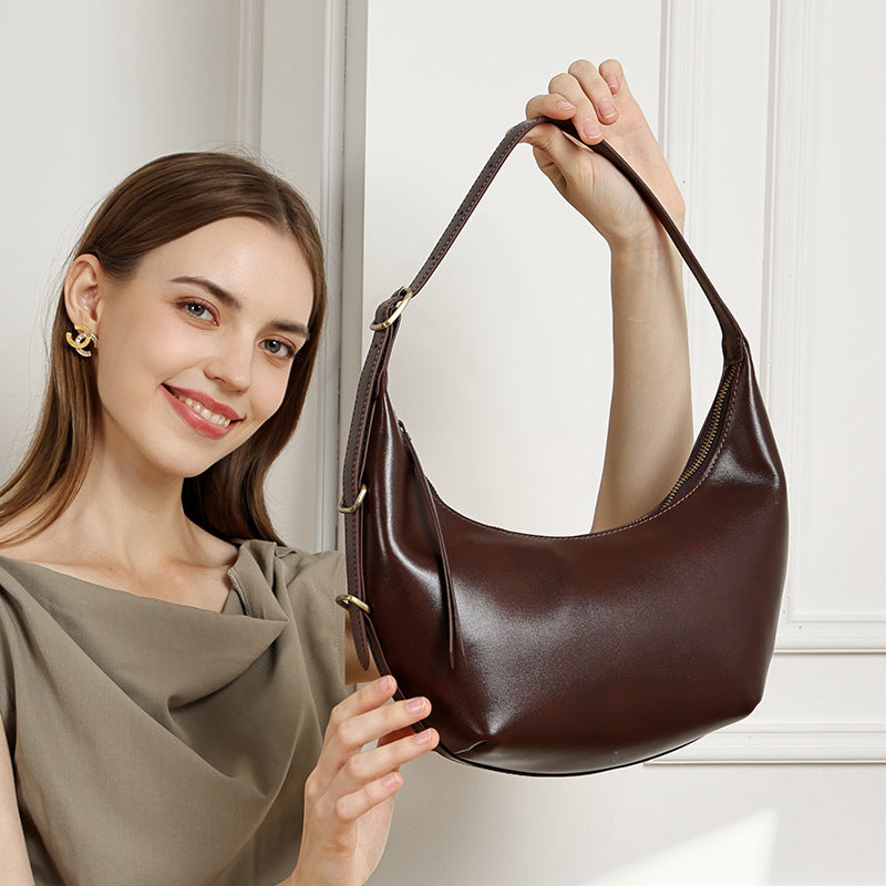Women's Oil-Waxed Cowhide Semi-Circle Top Handle Bag