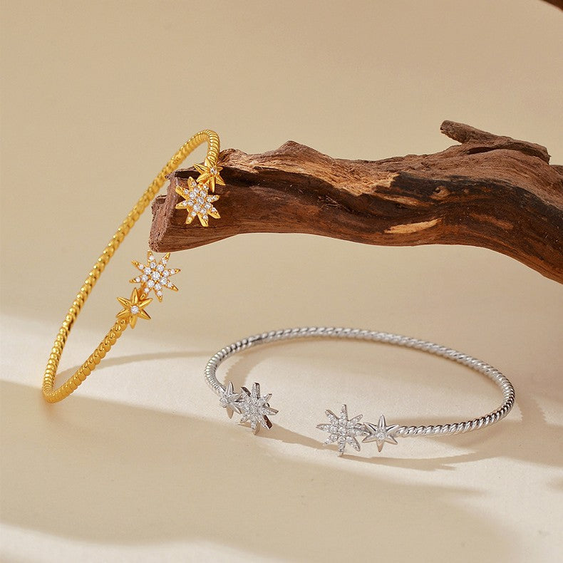 “Starlight Twist” S925 Sterling Silver Eight-Point Star Zircon Cuff Bracelet