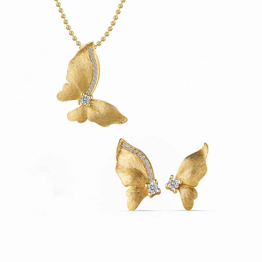Gilded Flutter Butterfly Jewelry Set – S925 Silver Brushed Wing Necklace & Earrings