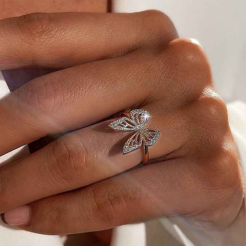925 Sterling Silver Flutter Gleam Pavé Butterfly Open Ring Gold Platinum Plated