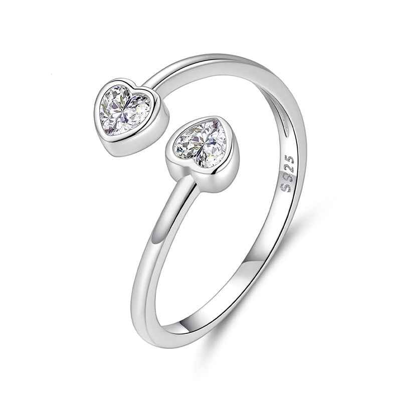 925 Sterling Silver Double Heart Adjustable Open Ring