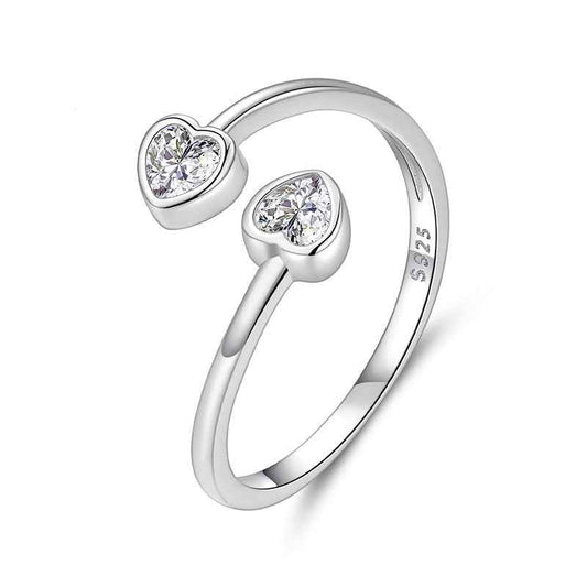 925 Sterling Silver Double Heart Adjustable Open Ring