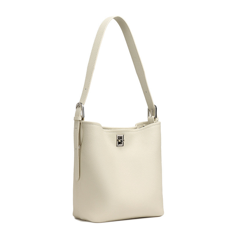 Women's Full-Grain Cowhide Sculpted Bucket Bag with Turn-Lock
