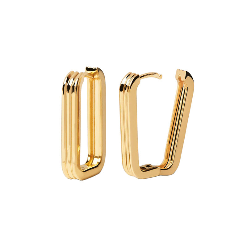 “Ribbed Rectangle” S925 Sterling Silver Textured Geometric Hoop Earrings
