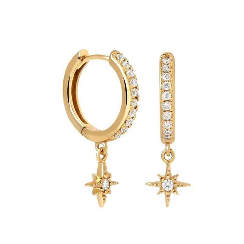 925 Sterling Silver Polar Star Pavé Zircon Hoop Drop Earrings Gold or White Gold