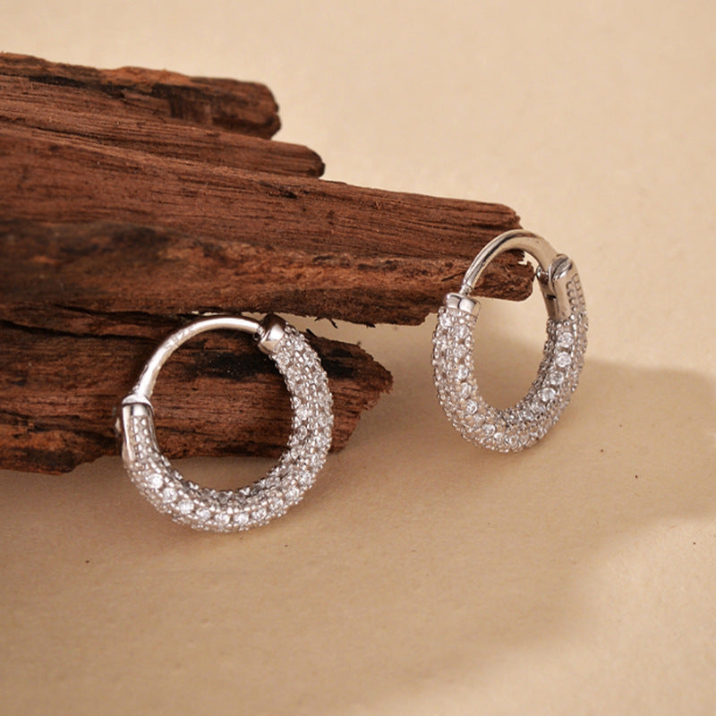 “Starlit Halo” S925 Sterling Silver Zircon Pavé Hoop Earrings