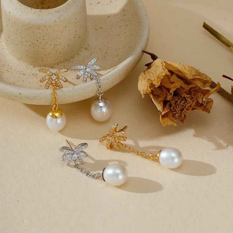 925 Sterling Silver Ribbon Pearl Bow Pavé Zircon Drop Earrings Gold White Gold