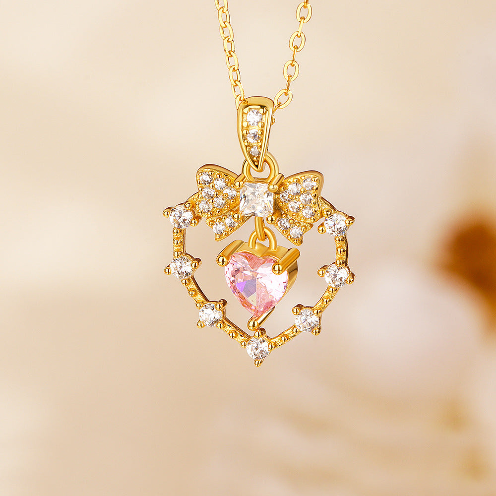 Velour Knot S925 Sterling Silver Pink Heart Bow Pendant Necklace
