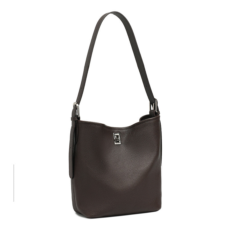 Women's Full-Grain Cowhide Sculpted Bucket Bag with Turn-Lock