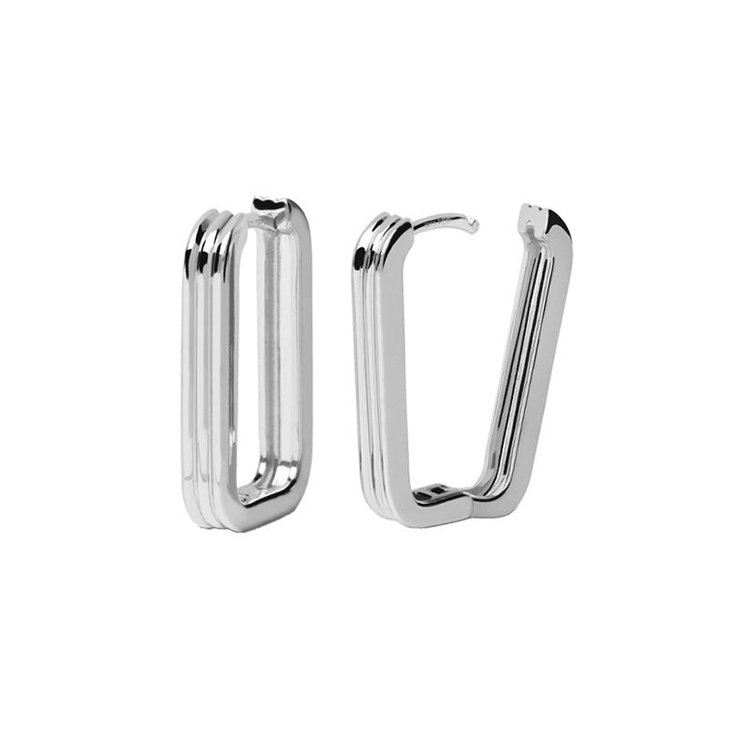 “Ribbed Rectangle” S925 Sterling Silver Textured Geometric Hoop Earrings