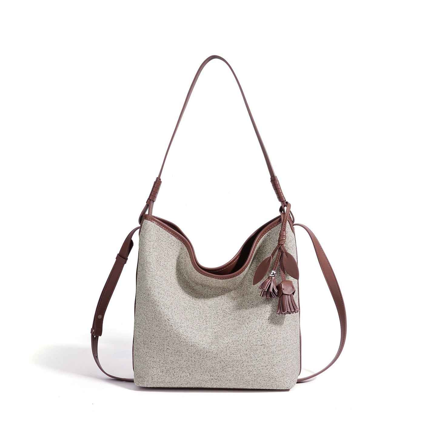 Women's Canvas Bucket Bag with Leather Trim and Tassel Charm