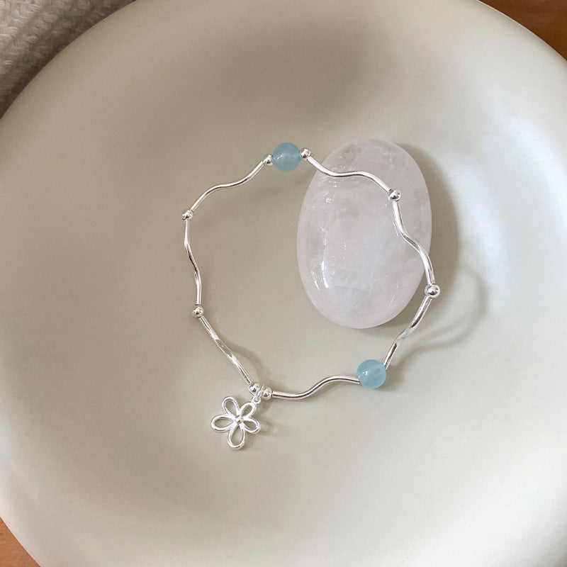 Azure Bloom Aquamarine Flower Bracelet, S925 Sterling Silver Blue Stone Jewelry
