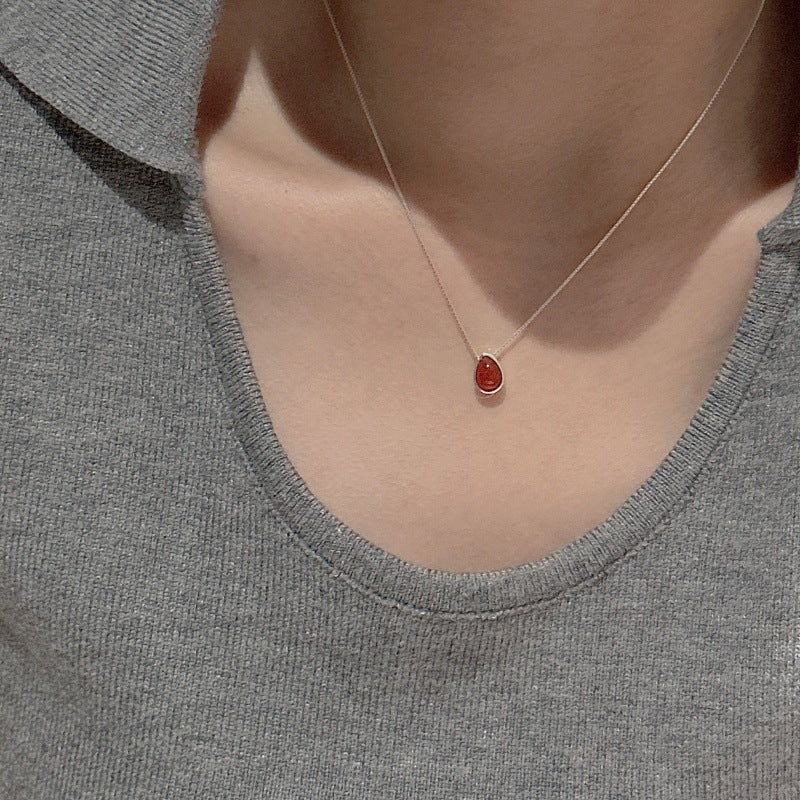 “Crimson Drop” S925 Sterling Silver Minimalist Teardrop Necklace