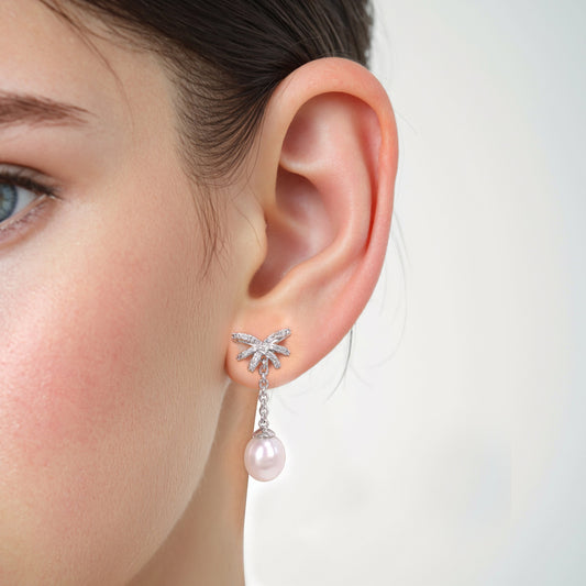 “Bowfall Elegance” S925 Sterling Silver Bow Drop Earrings with Sparkling Accents