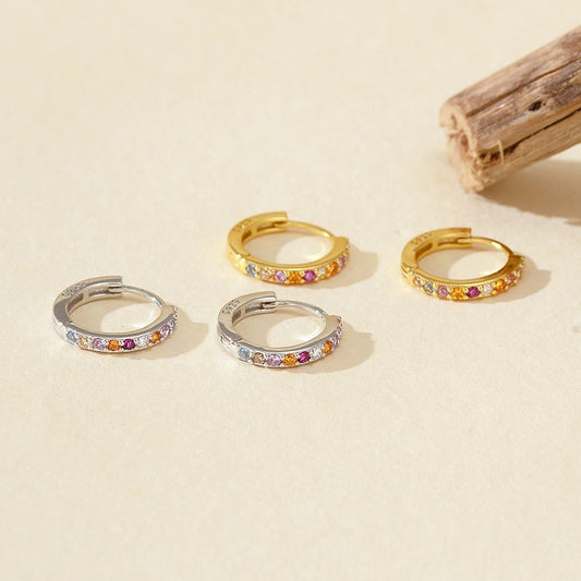 “Prismatic Gleam” S925 Sterling Silver Multicolor Zircon Huggie Hoop Earrings