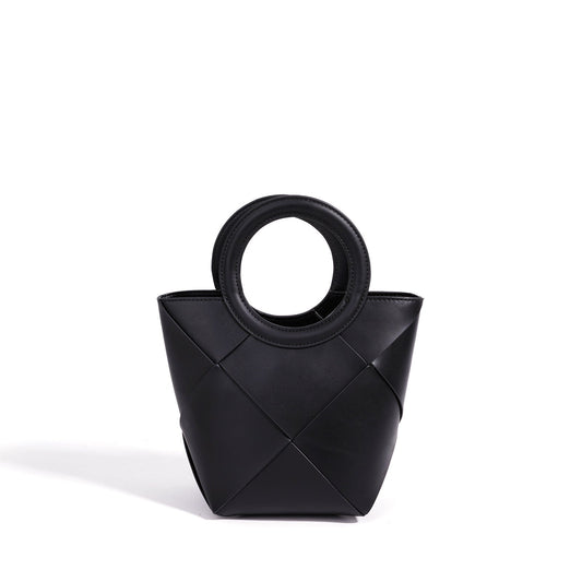 Women's Woven Cowhide Mini Bucket Bag with Adjustable Strap