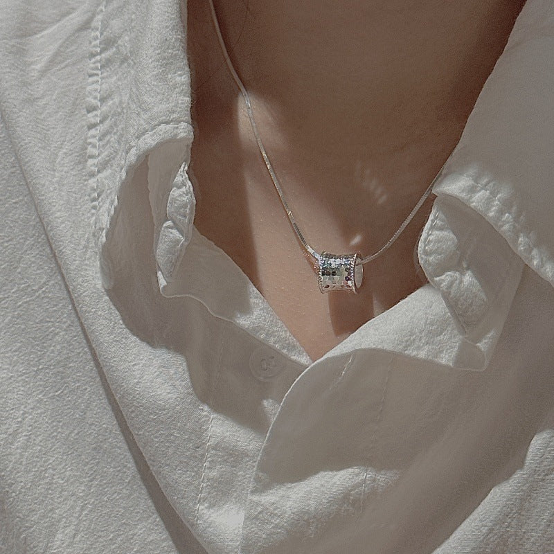 S925 Sterling Silver Silver Gleam Cylinder Necklace Sequin Pendant Snake Chain Minimalist