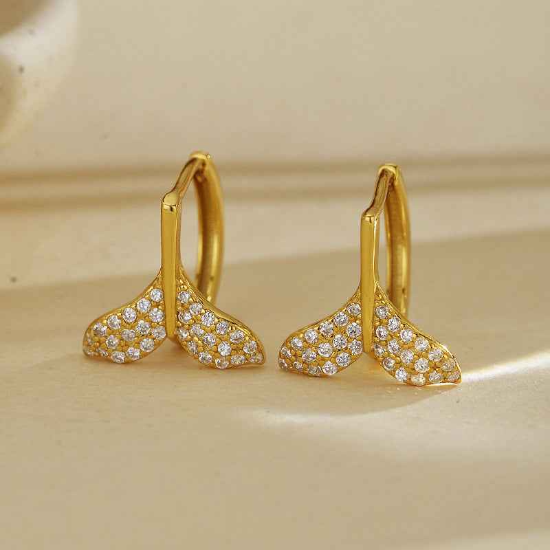 925 Sterling Silver Mermaid Tail Pavé Zircon Whale Tail Earrings Gold White Rose Gold