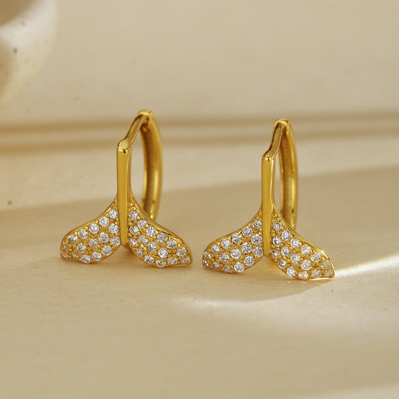 “Mermaid Gleam” S925 Sterling Silver Fish Tail Hoop Earrings with Sparkling Accents