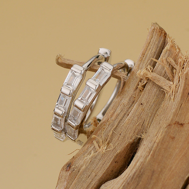 “Rectangular Radiance” S925 Sterling Silver Zircon Geometric Hoop Earrings
