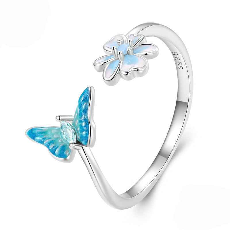 Blue Flutter Bloom S925 Sterling Silver Blue Butterfly Flower Open Ring