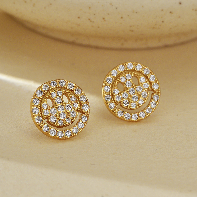 “Happy Spark” S925 Sterling Silver Zircon Pavé Smile Face Stud Earrings
