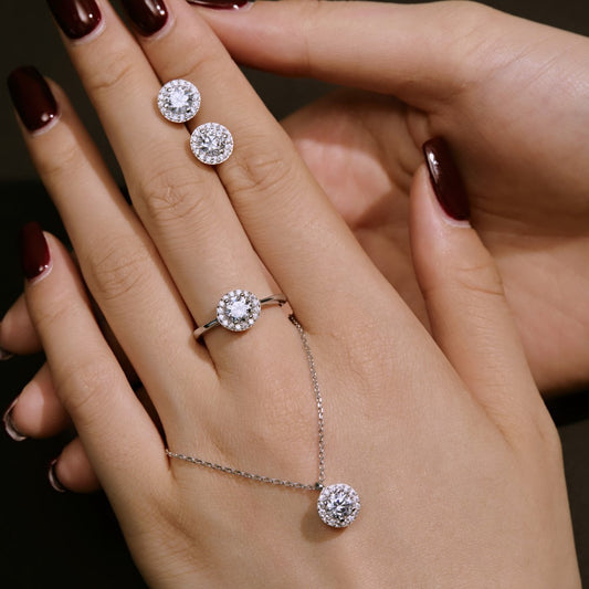 “Prism Halo” S925 Sterling Silver Round-Cut Jewelry Set