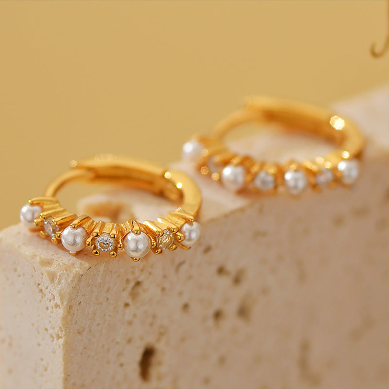 “Pearl Halo Gleam” S925 Sterling Silver Pearl Huggie Hoop Earrings with Zircon Accents